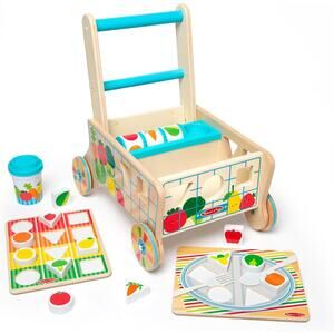 Melissa & Doug 16 Pc Wooden Shape Sorting Grocery Cart Push Toy and Puzzles NWT